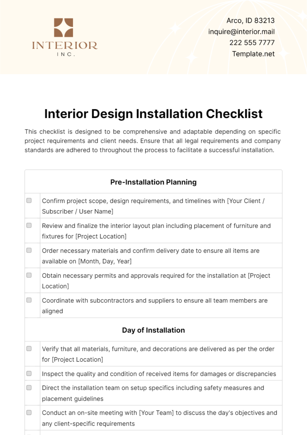 Interior Design Installation Checklist Template - Edit Online & Download