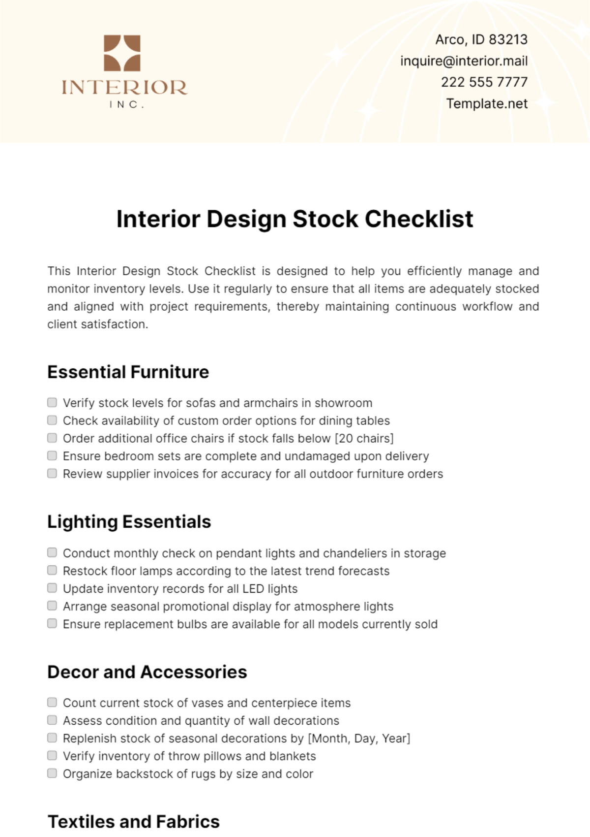Free Interior Design Stock Checklist Template