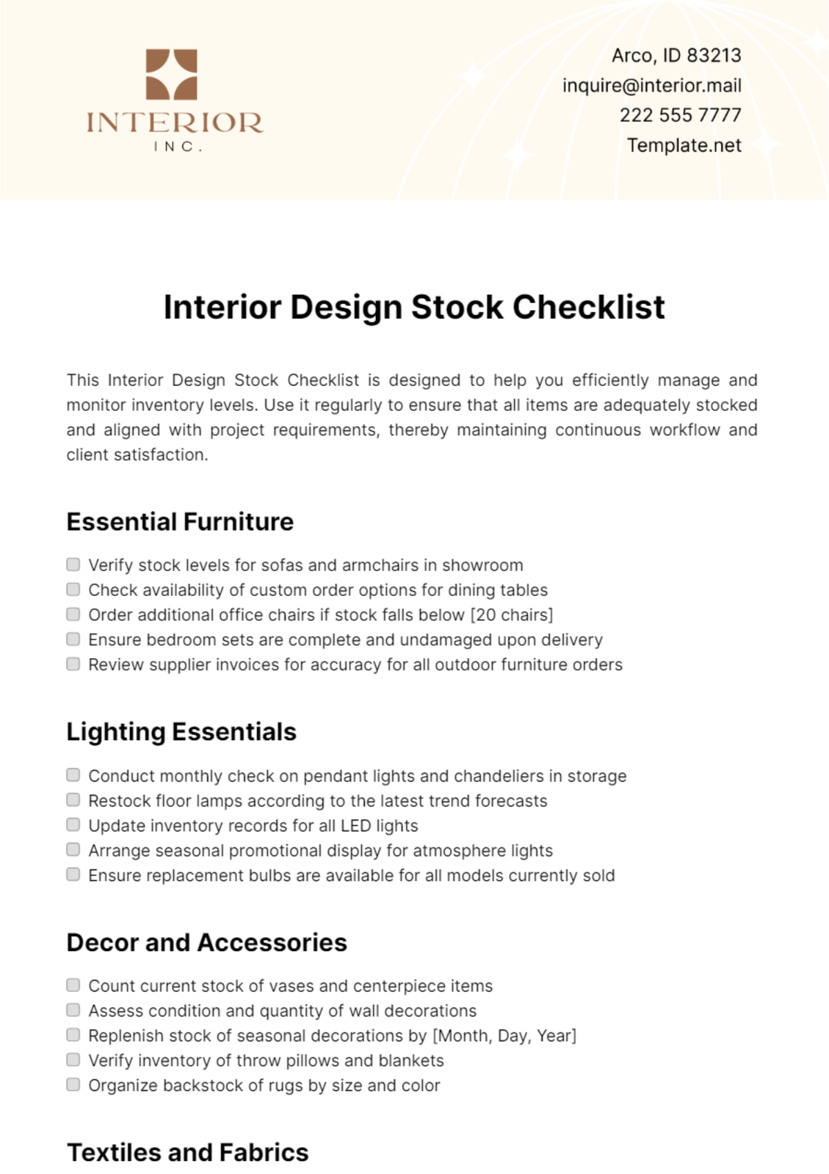 Interior Design Stock Checklist Template - Edit Online & Download