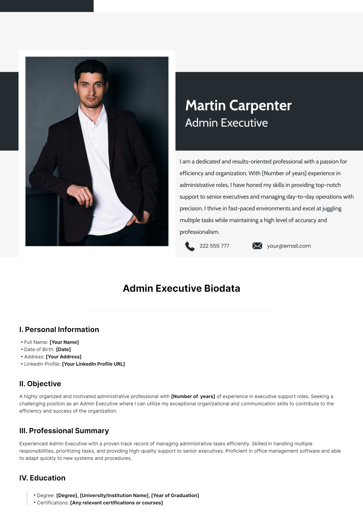 Admin Executive Biodata Template - Edit Online & Download