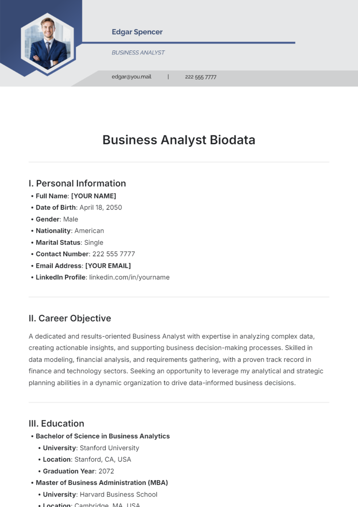 Business Analyst Biodata Template - Edit Online & Download