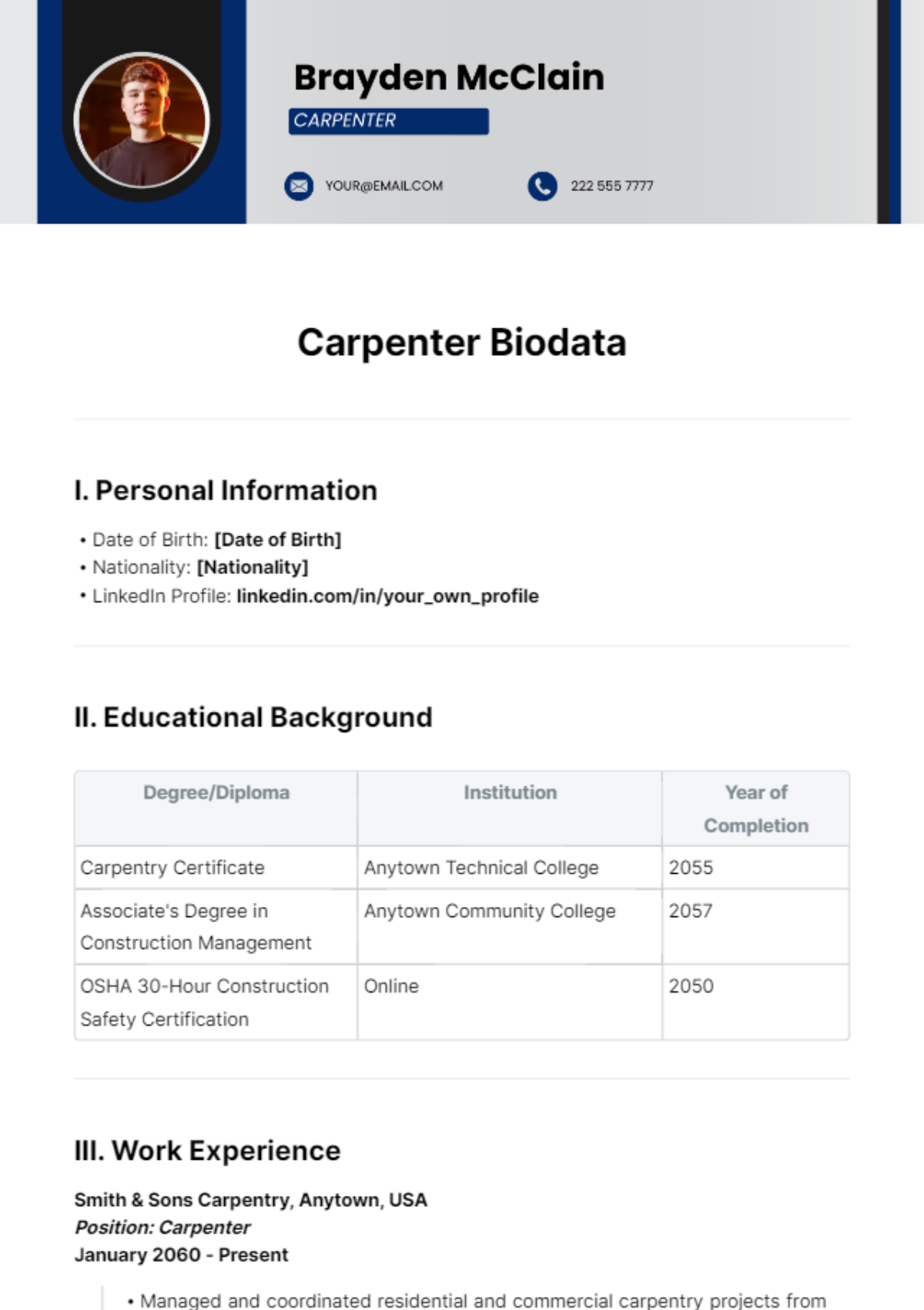 Carpenter Biodata Template - Edit Online & Download