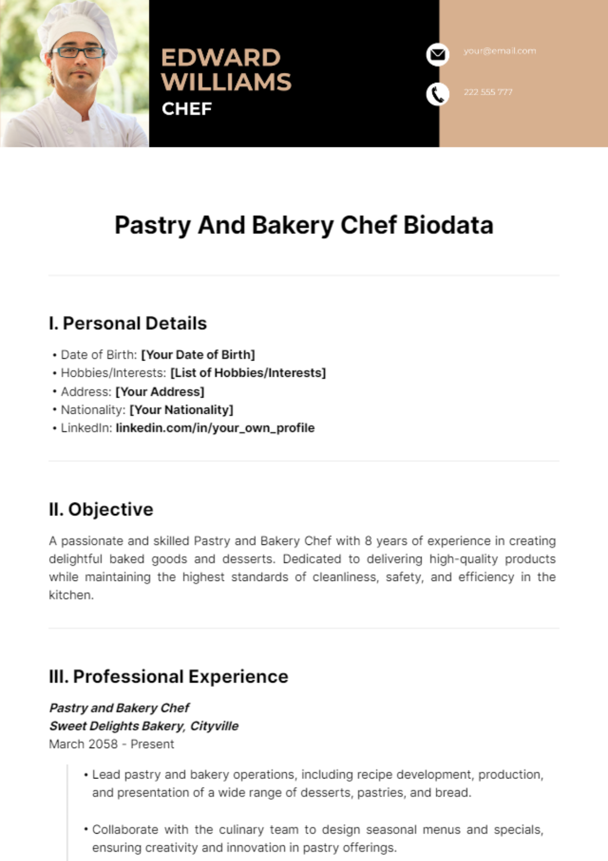 Pastry And Bakery Chef Biodata Template - Edit Online & Download