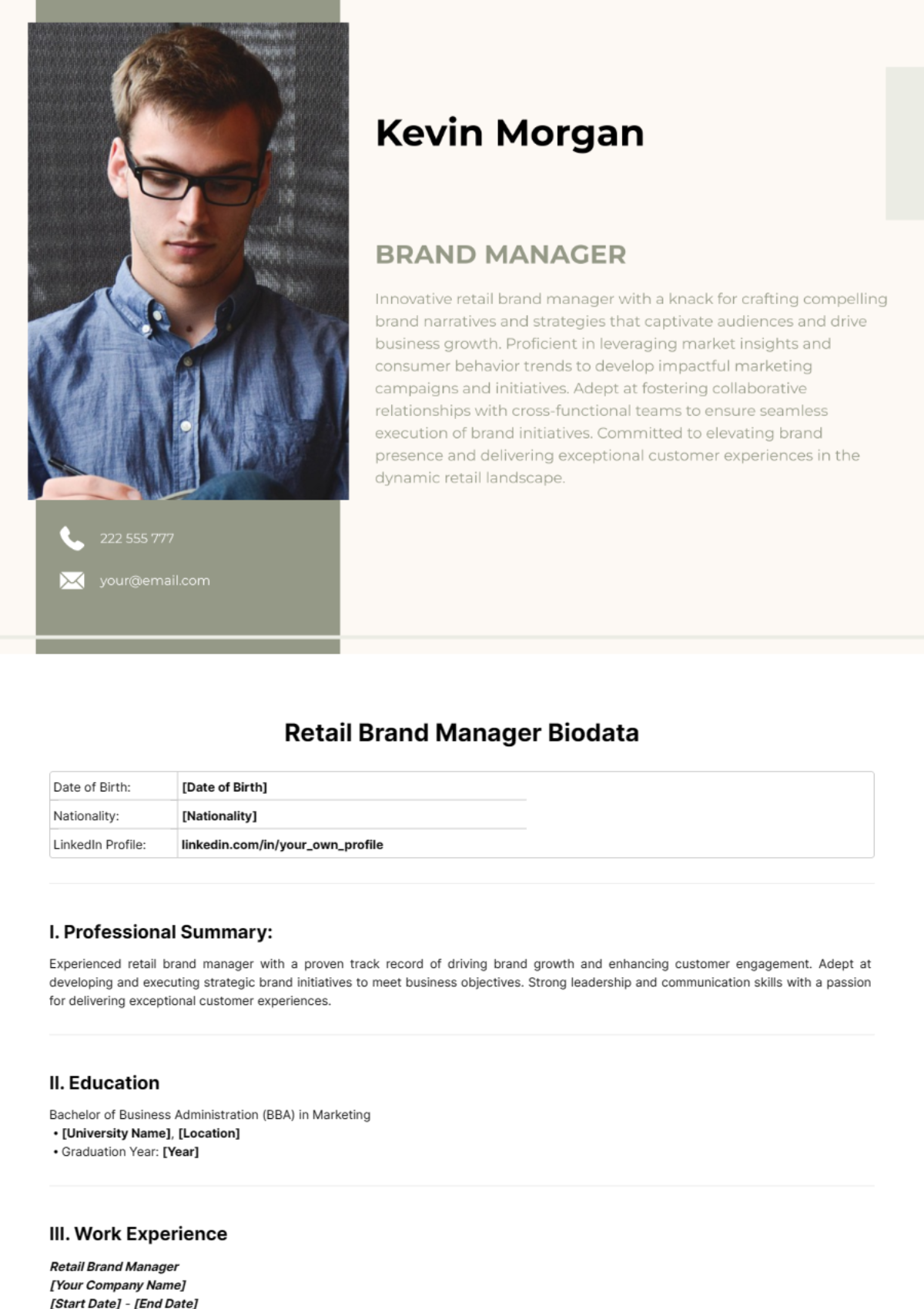 Retail Brand Manager Biodata Template - Edit Online & Download