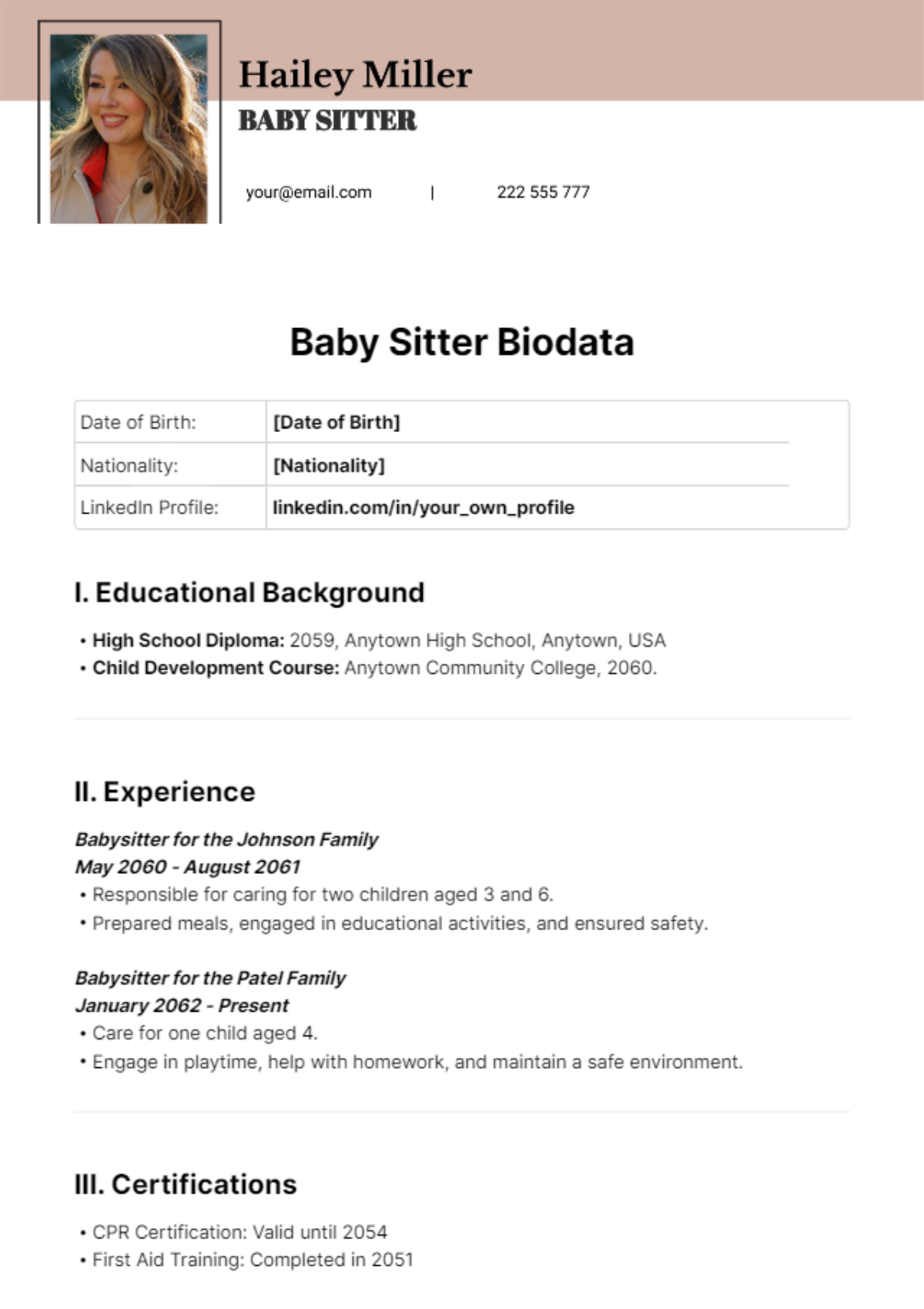 Baby Sitter Biodata Template - Edit Online & Download