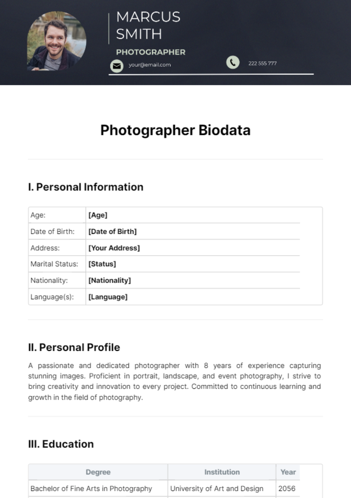 Photographer Biodata Template - Edit Online & Download