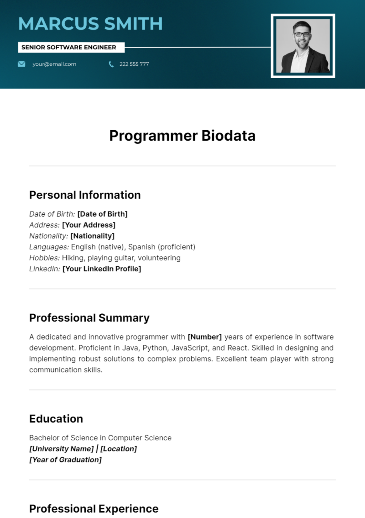 Programmer Biodata Template - Edit Online & Download