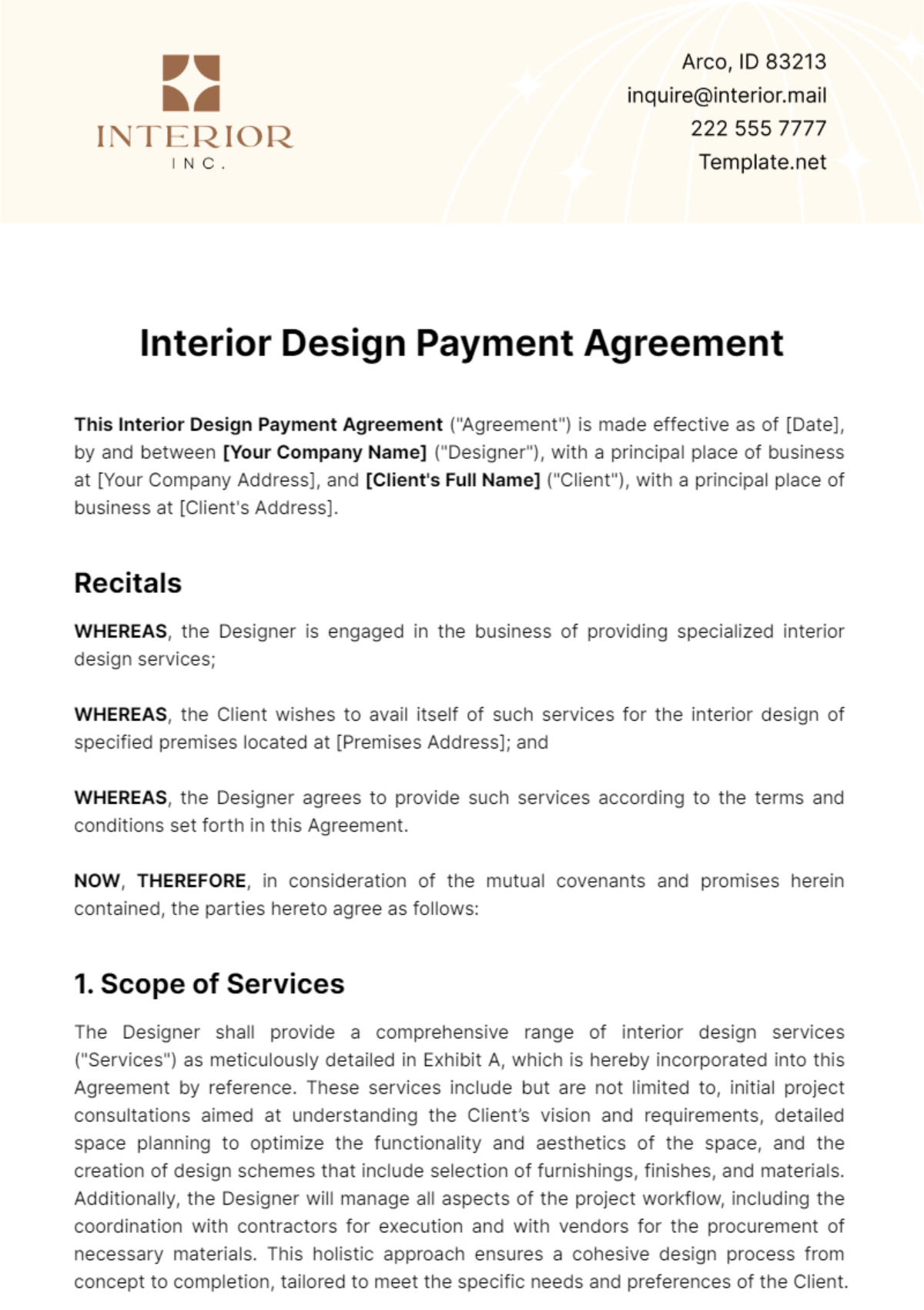 Interior Design Payment Agreement Template - Edit Online & Download