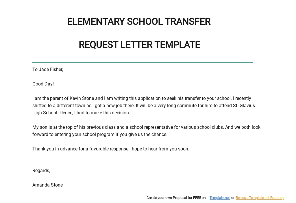 Elementary School Transfer Request Letter Template - Google Docs, Word