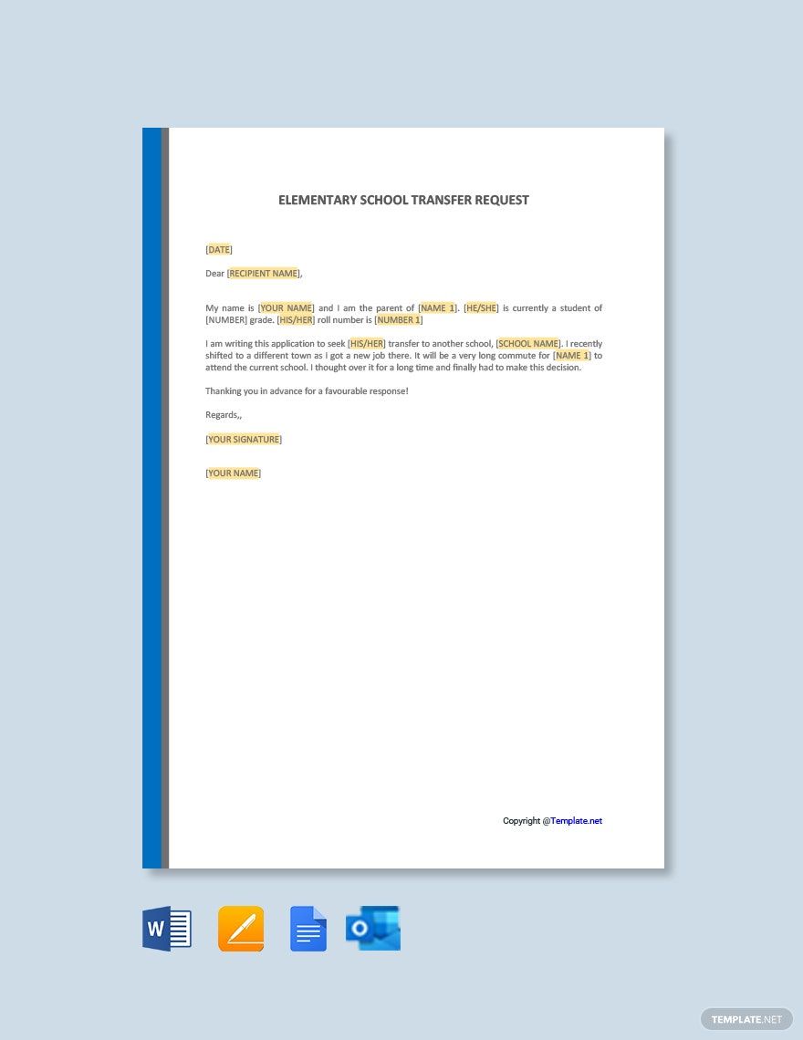 Elementary School Transfer Request Letter Template in Word, Google Docs, PDF, Apple Pages, Outlook