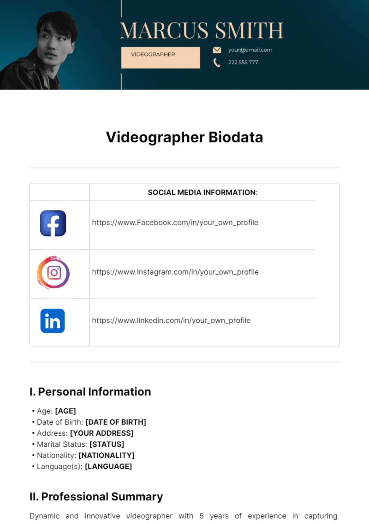 Videographer Biodata Template - Edit Online & Download