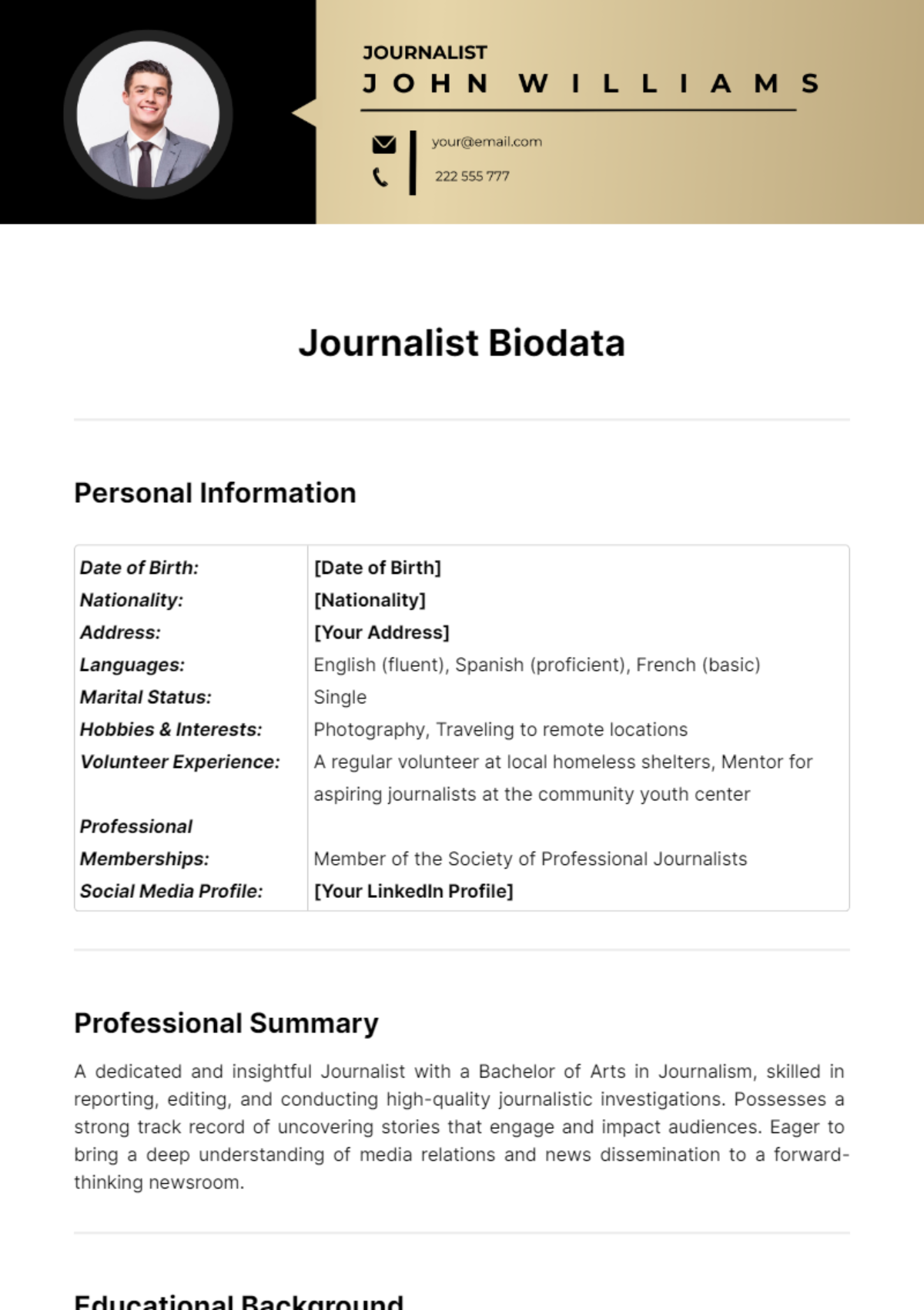 Journalist Biodata Template - Edit Online & Download