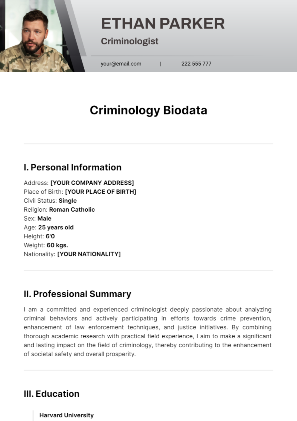 Criminology Biodata Template - Edit Online & Download