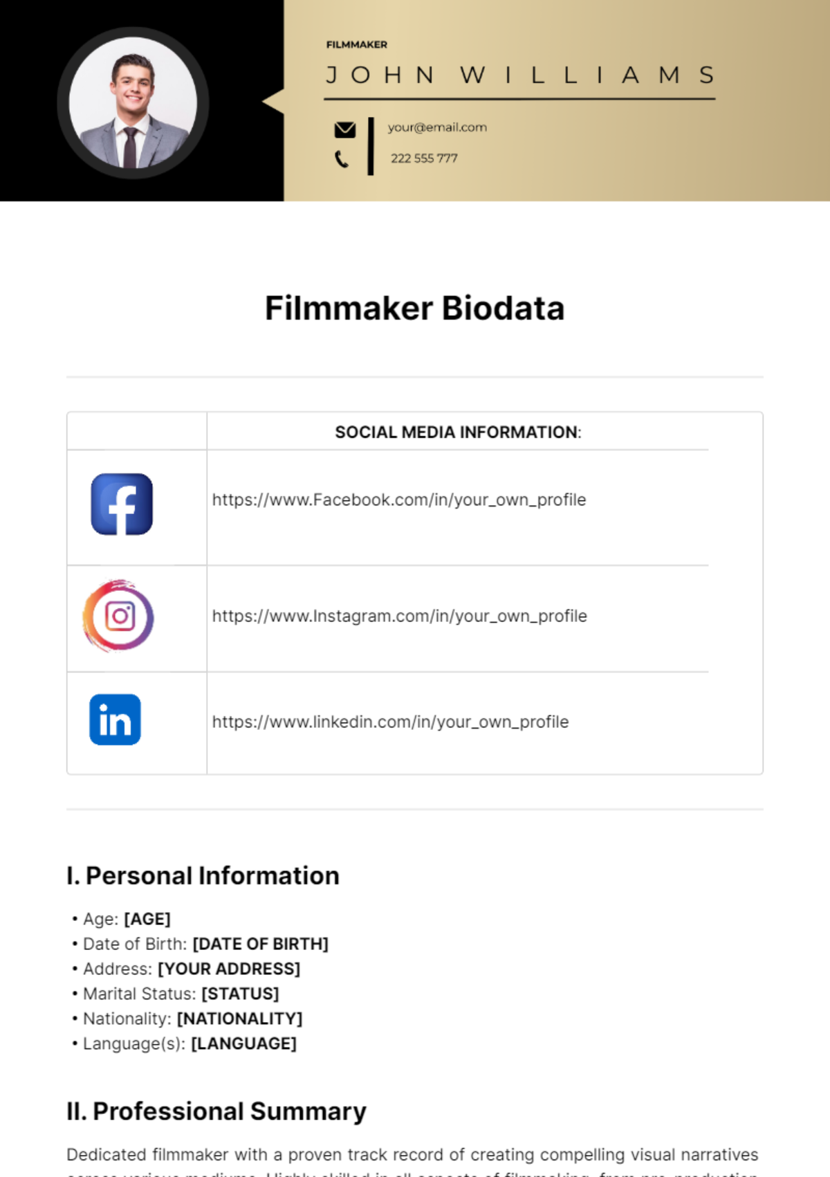 Filmmaker Biodata Template - Edit Online & Download