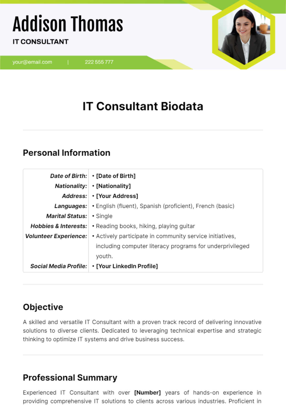 It Consultant Biodata Template - Edit Online & Download