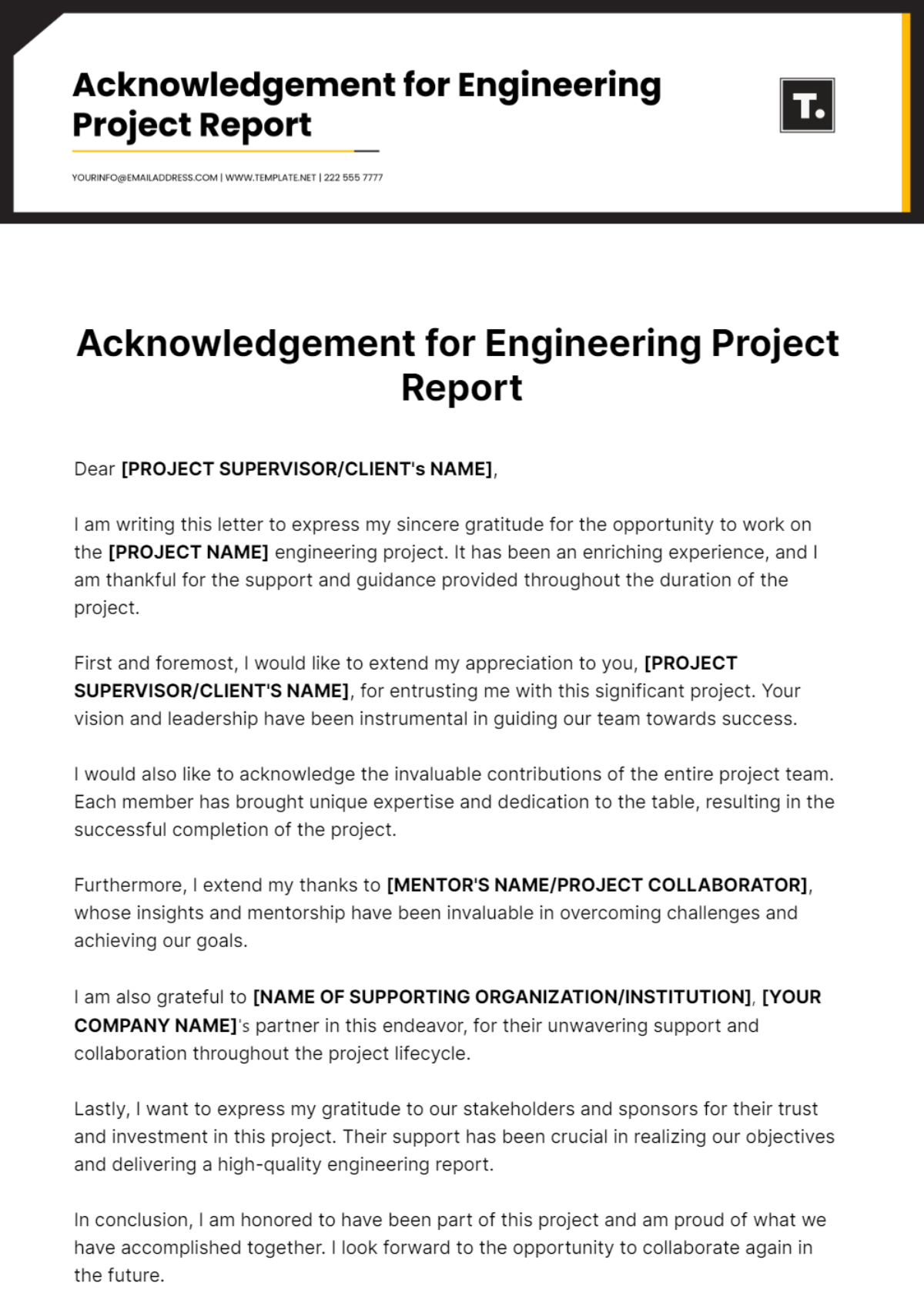 Acknowledgment For Engineering Project Report Template