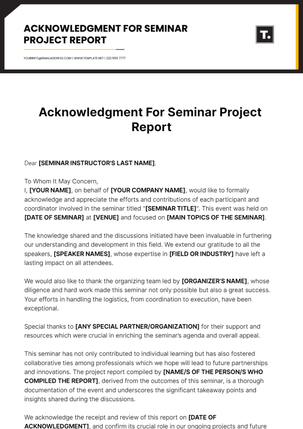 Acknowledgment For Seminar Project Report Template