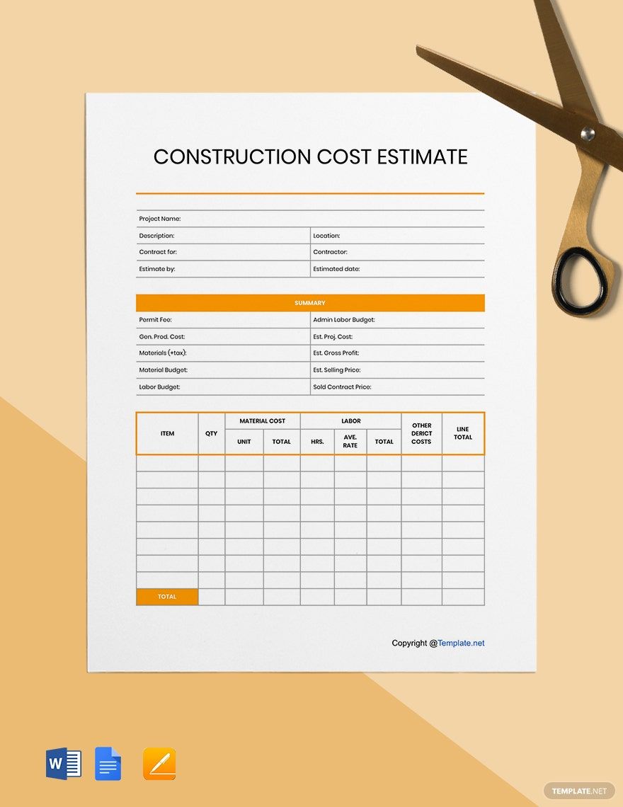 Blank Construction Cost Estimate Template