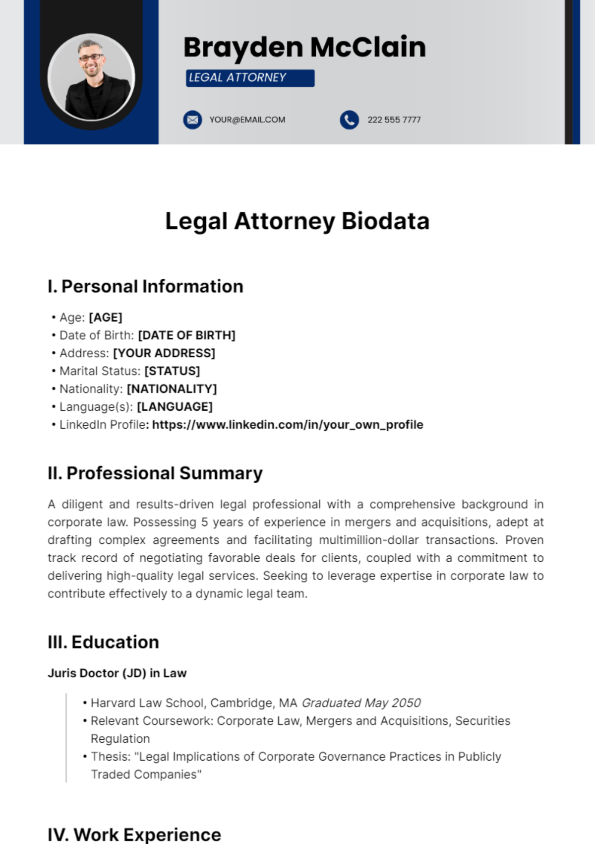 Legal Attorney Biodata Template - Edit Online & Download