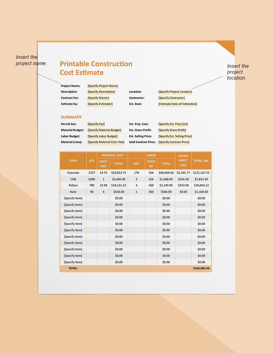 Printable Construction Cost Estimate Format