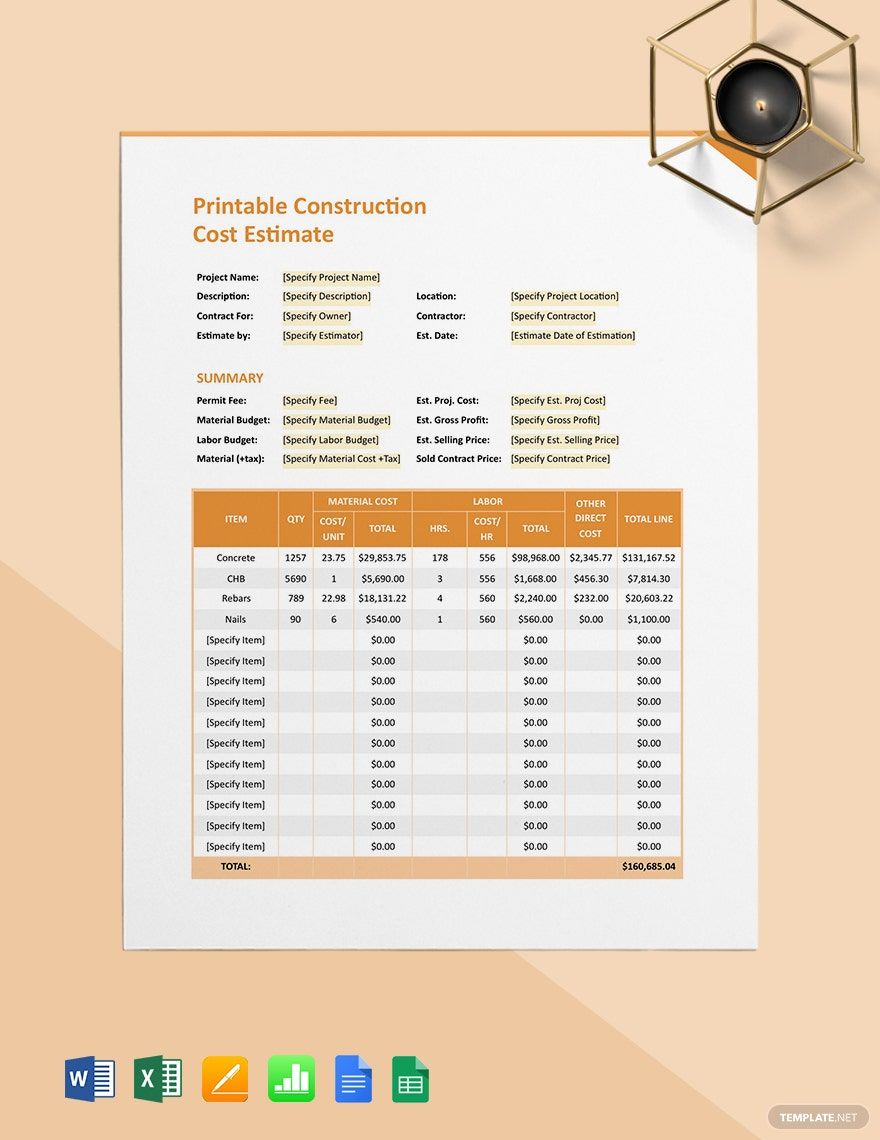 Printable Construction Cost Estimate Template