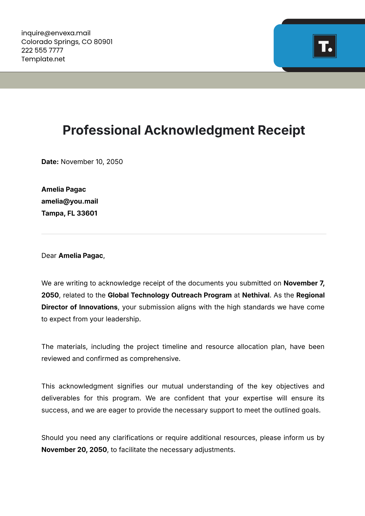 Professional Acknowledgment Receipt Template - Edit Online & Download