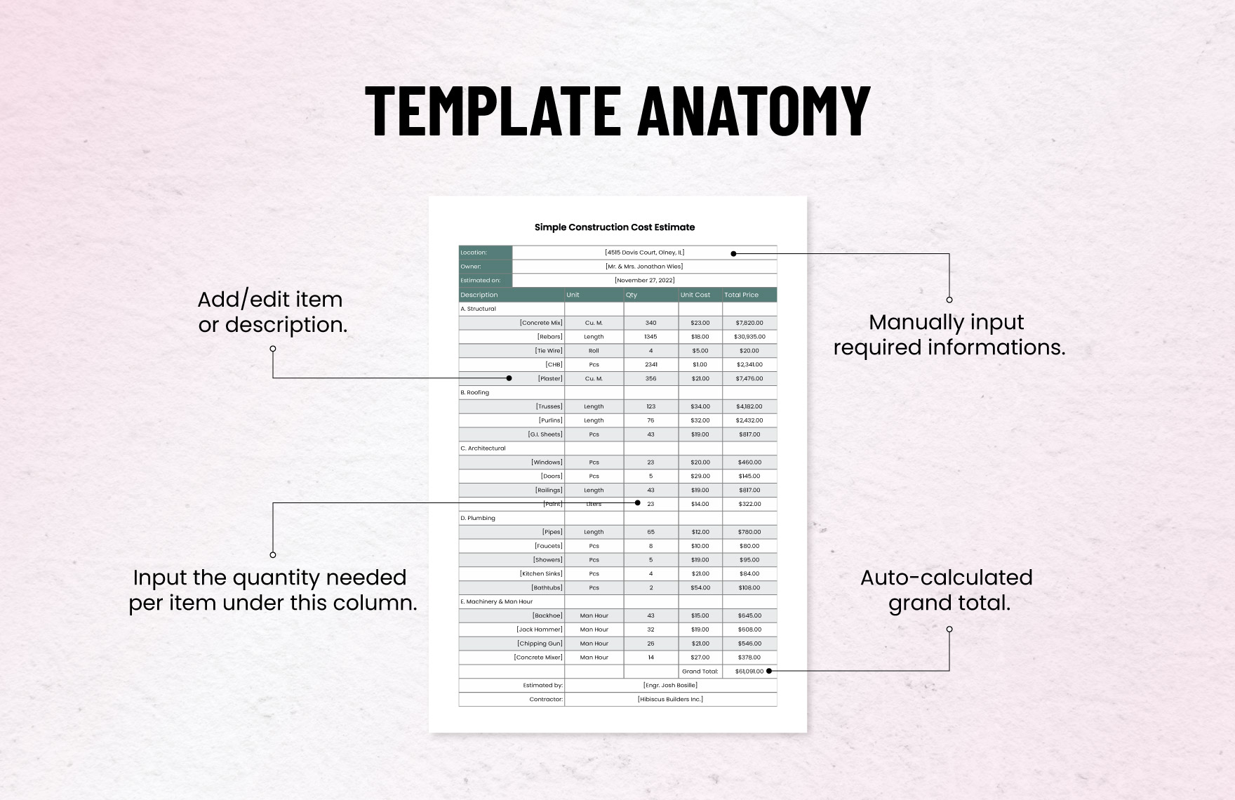 Simple Construction Cost Estimate Template