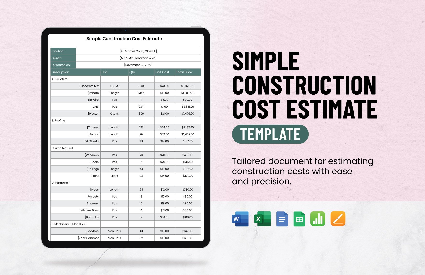 Simple Construction Cost Estimate Template in Word, Google Docs, Excel, Google Sheets, Apple Pages, Apple Numbers