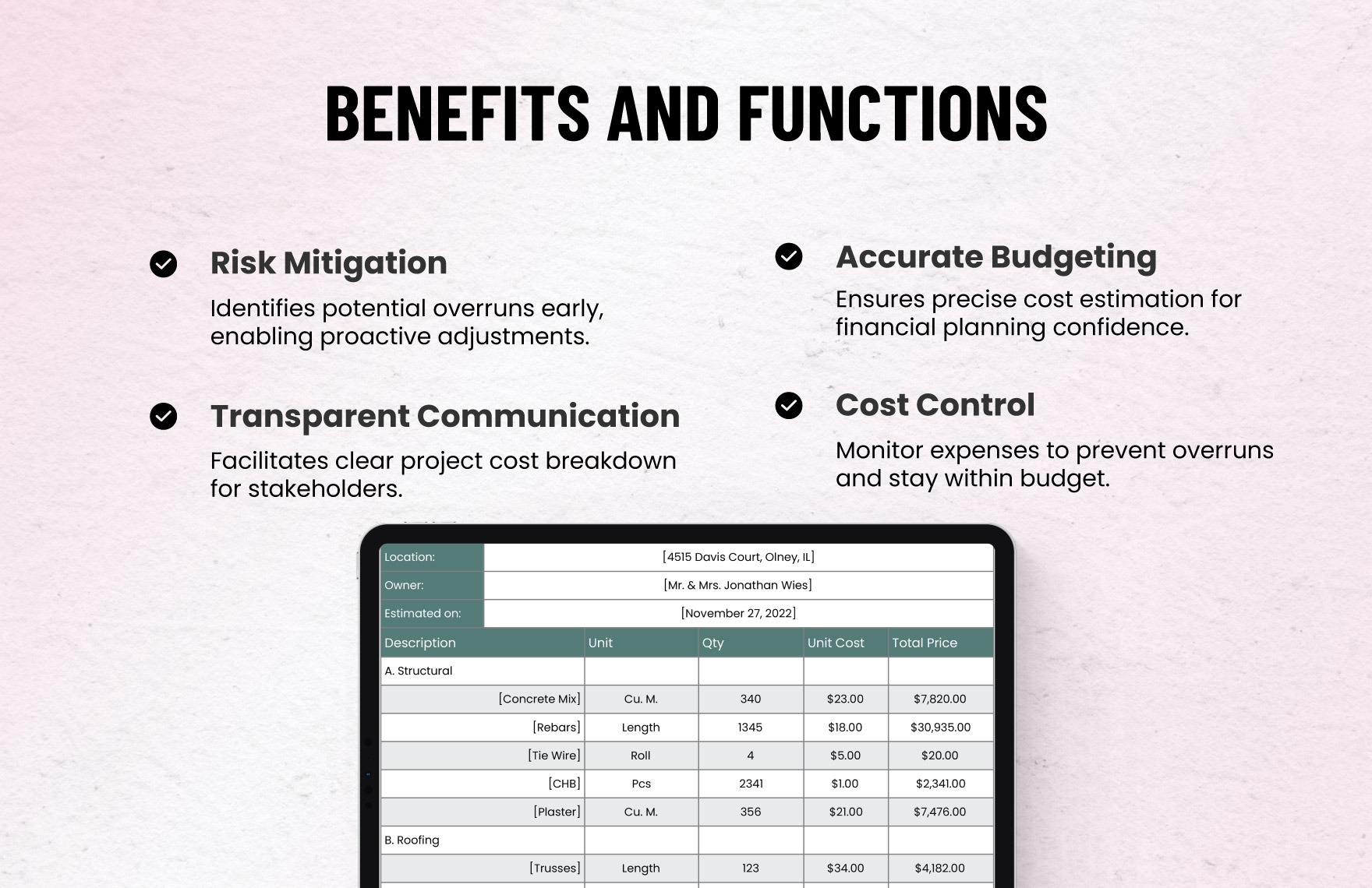 Simple Construction Cost Estimate Template