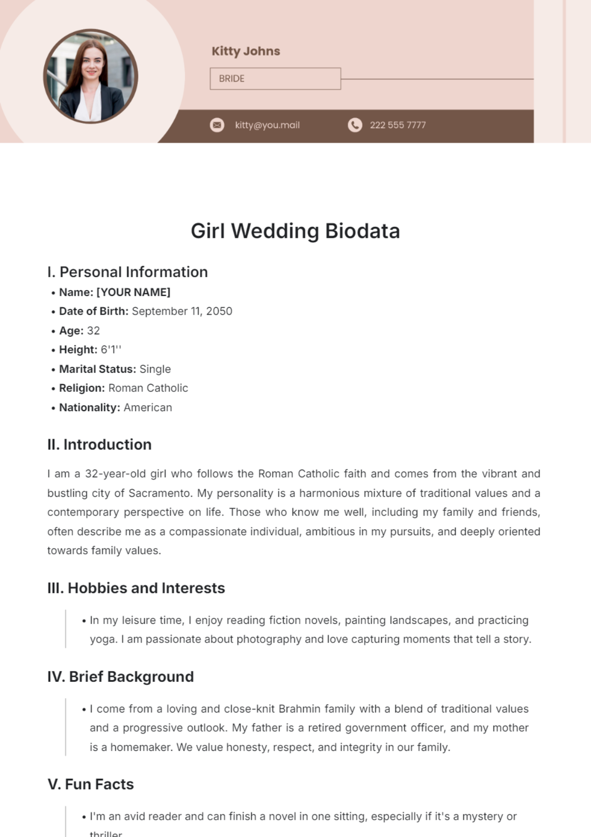 Girl Wedding Biodata Template - Edit Online & Download