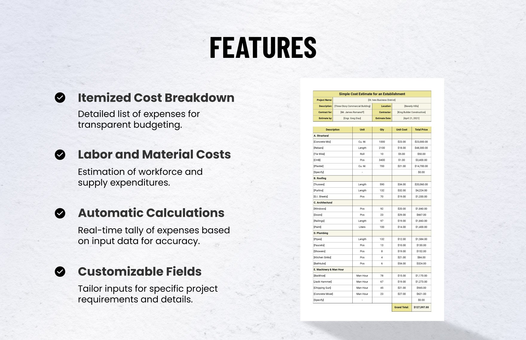 Basic Construction Cost Estimate Template