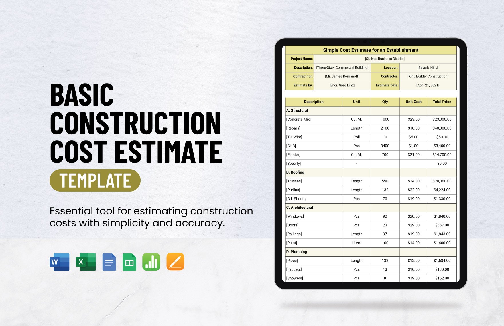 Basic Construction Cost Estimate Template in Word, Google Docs, Excel, Google Sheets, Apple Pages, Apple Numbers