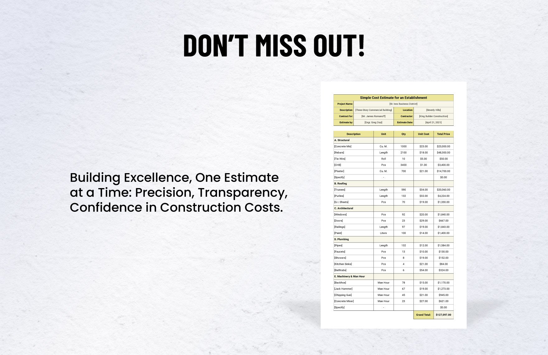 Basic Construction Cost Estimate Template