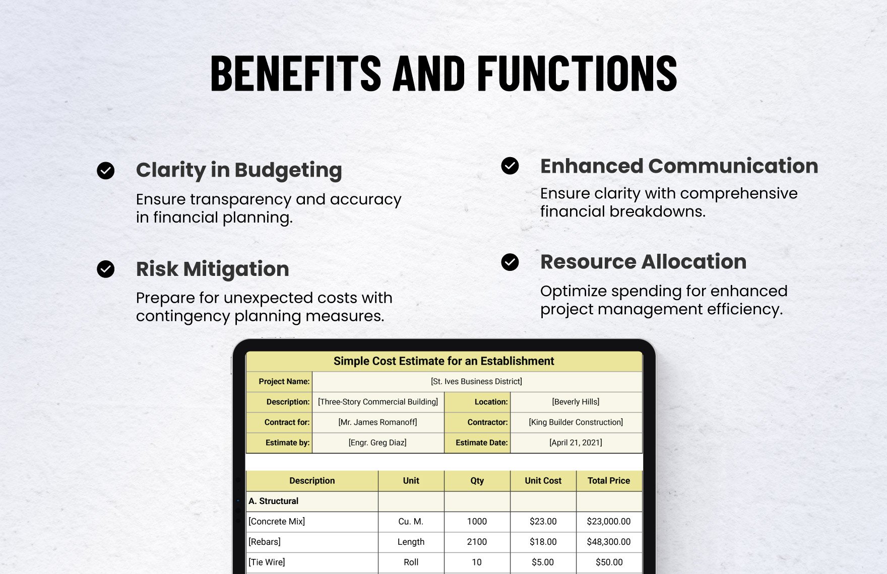 Basic Construction Cost Estimate Template