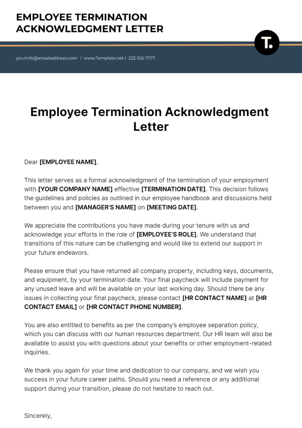 Employee Termination Acknowledgment Letter Template