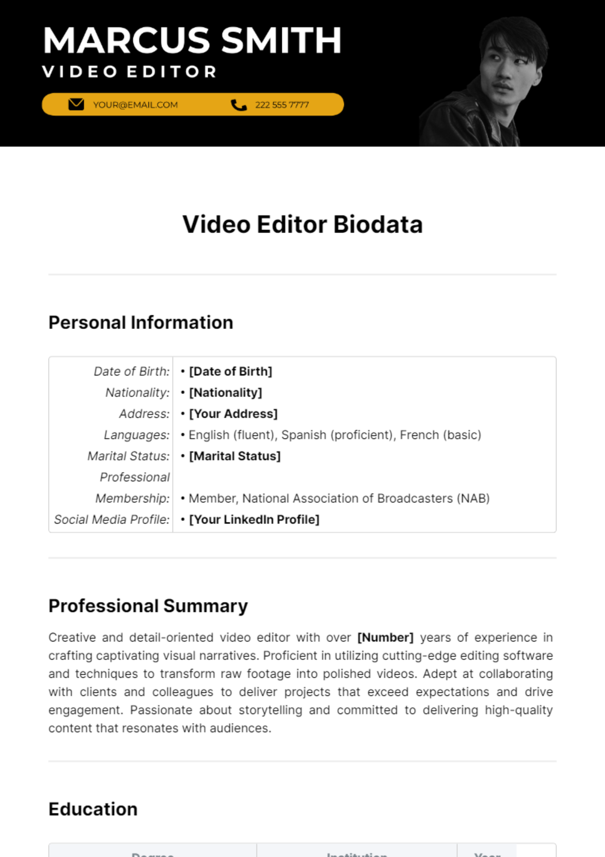 Video Editor Biodata Template - Edit Online & Download