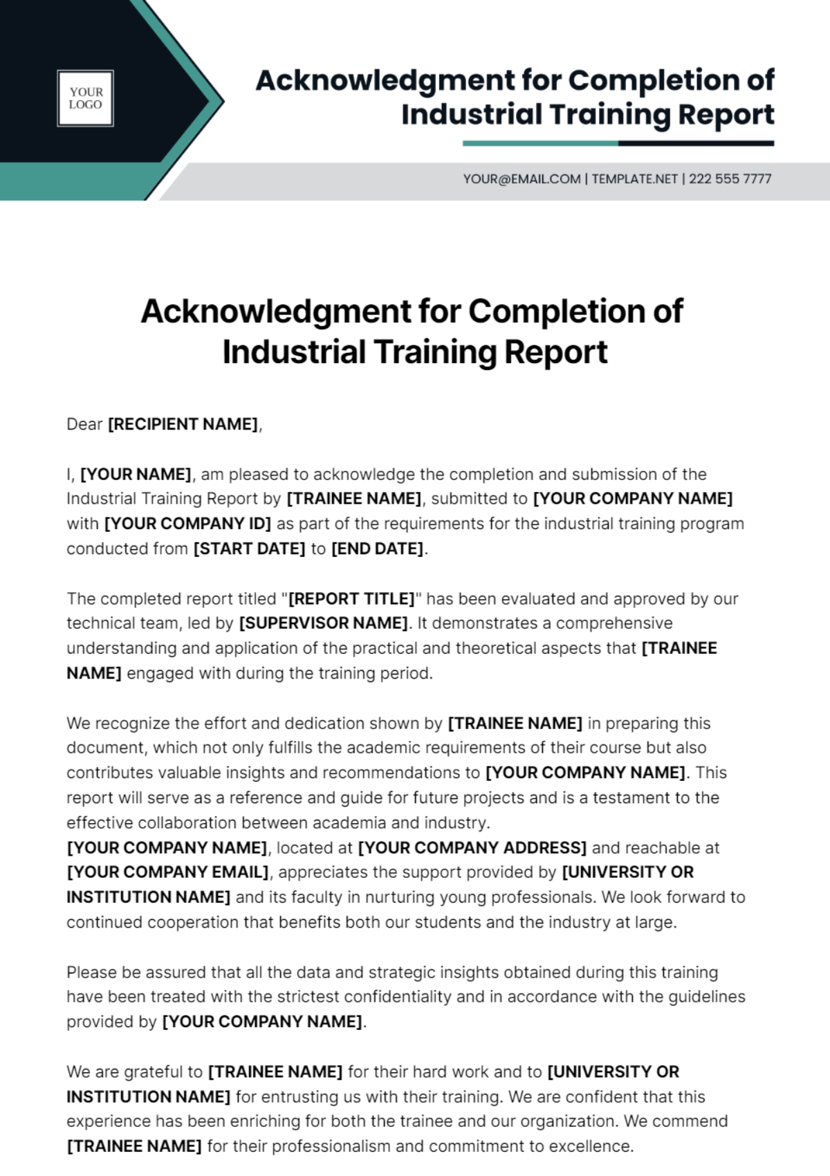 Acknowledgment For Industrial Training Report Template