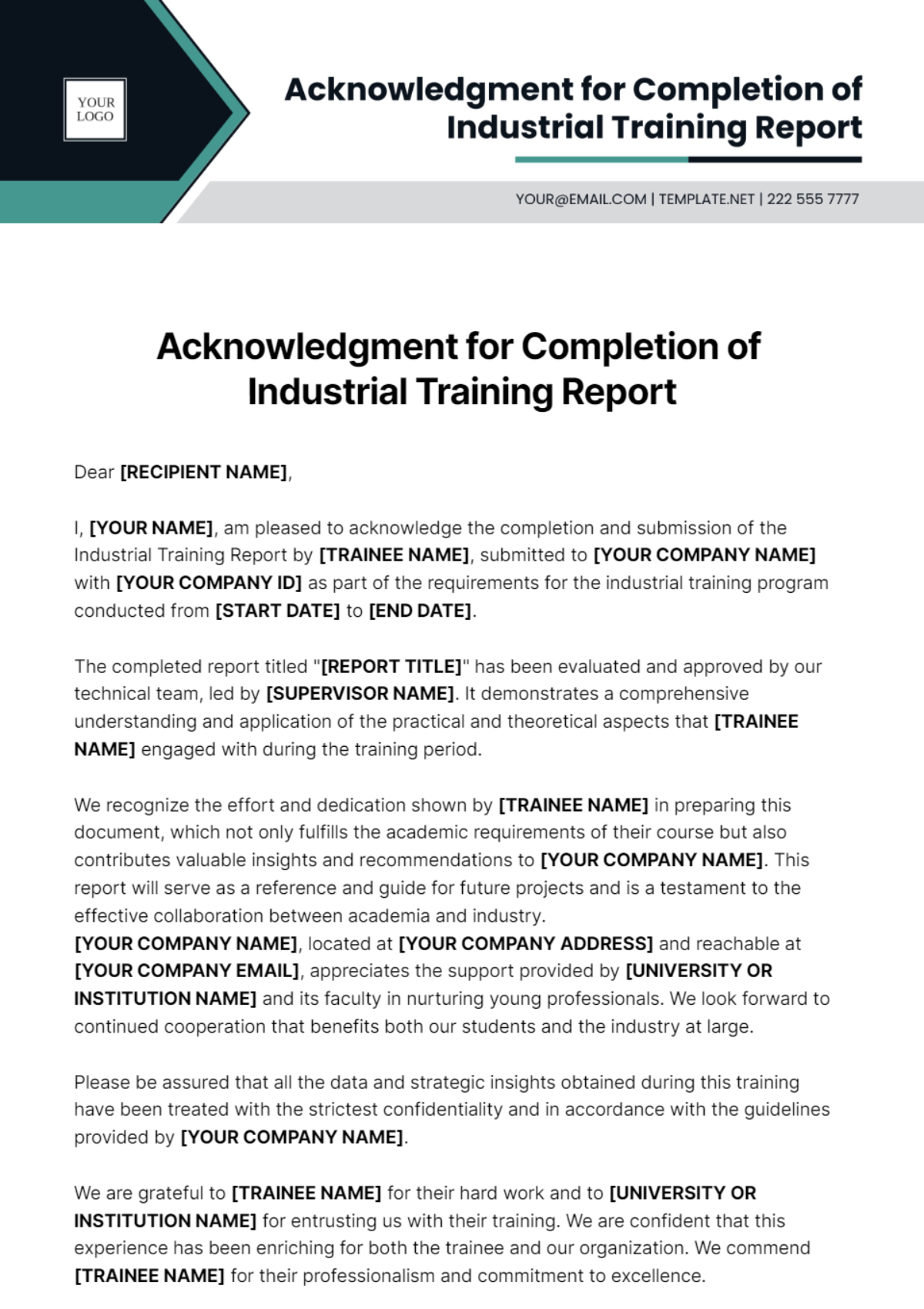 Acknowledgment For Industrial Training Report Template - Edit Online & Download