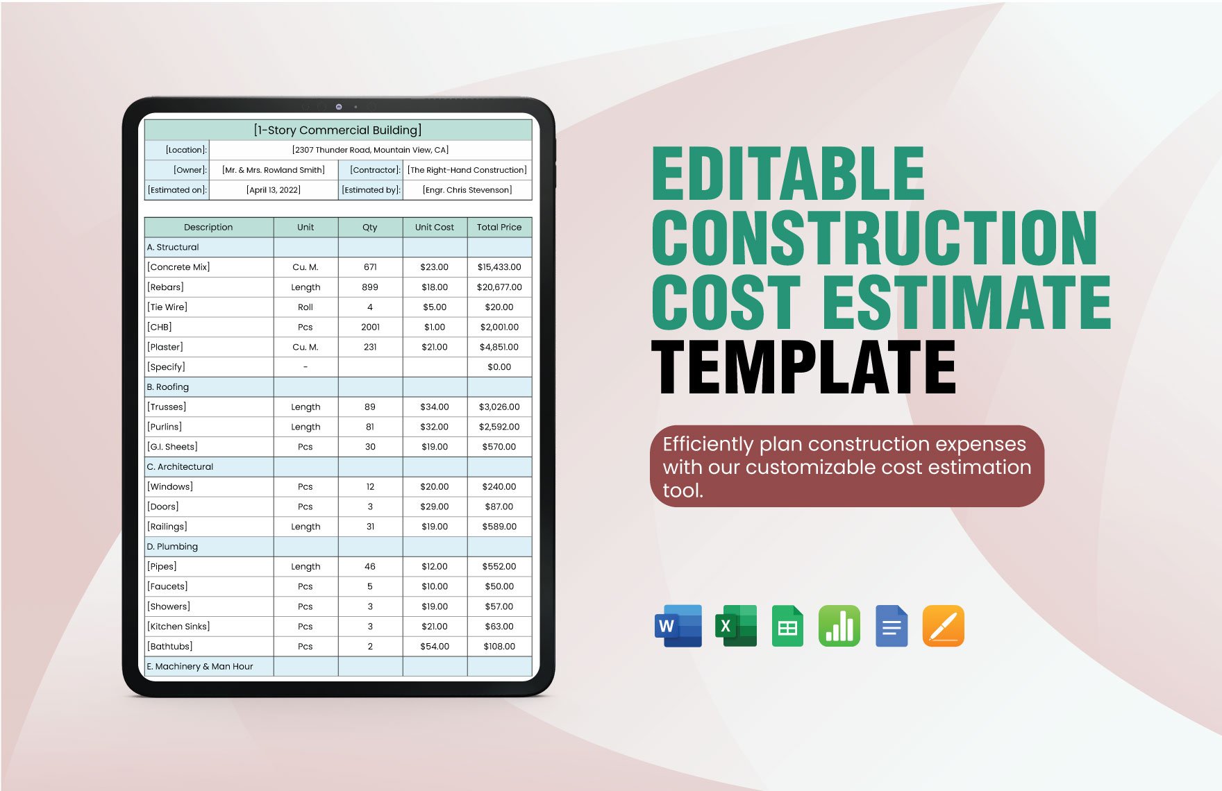Editable Construction Cost Estimate Template in Word, Google Docs, Excel, Google Sheets, Apple Pages, Apple Numbers