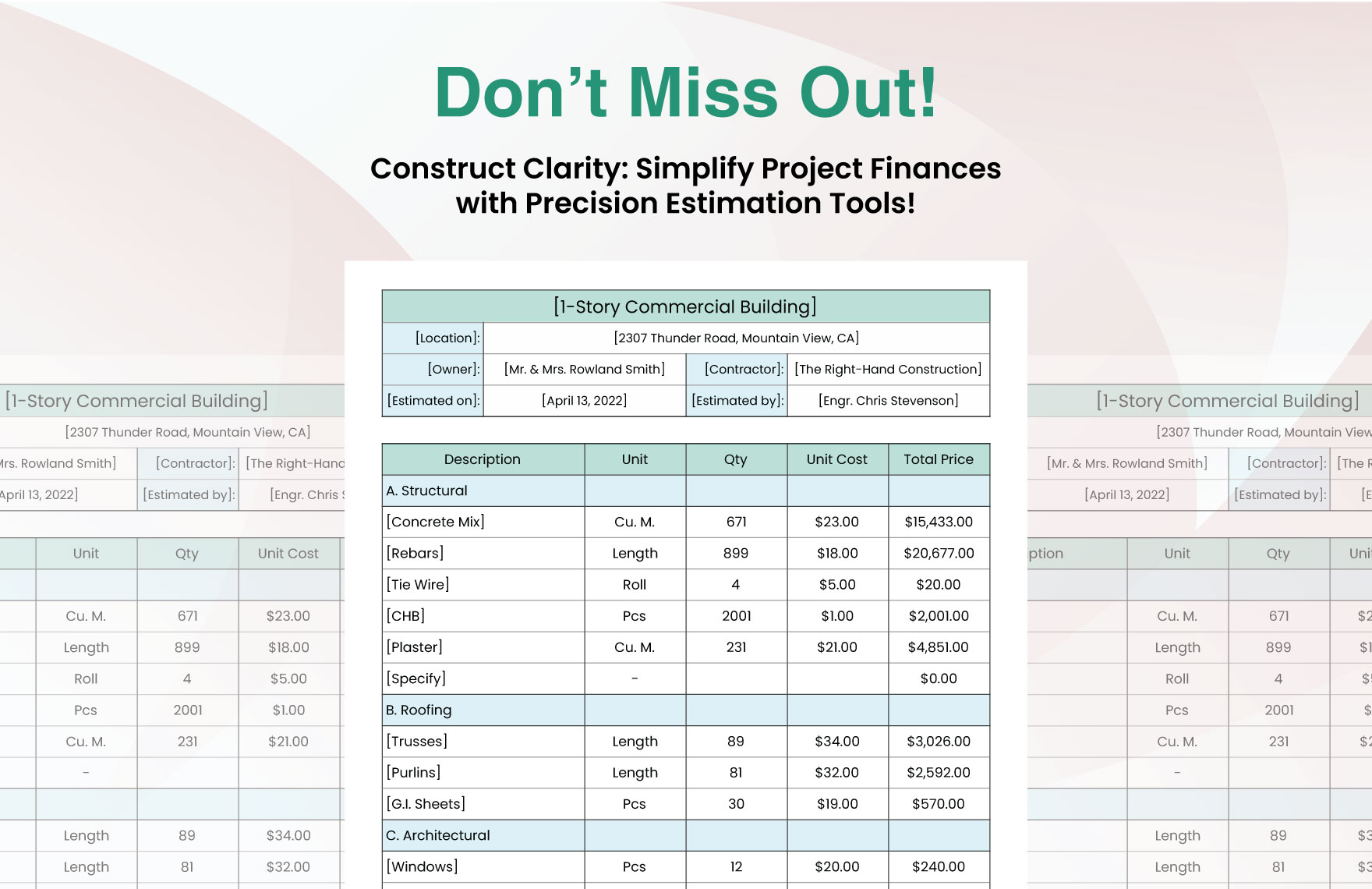 Editable Construction Cost Estimate Template