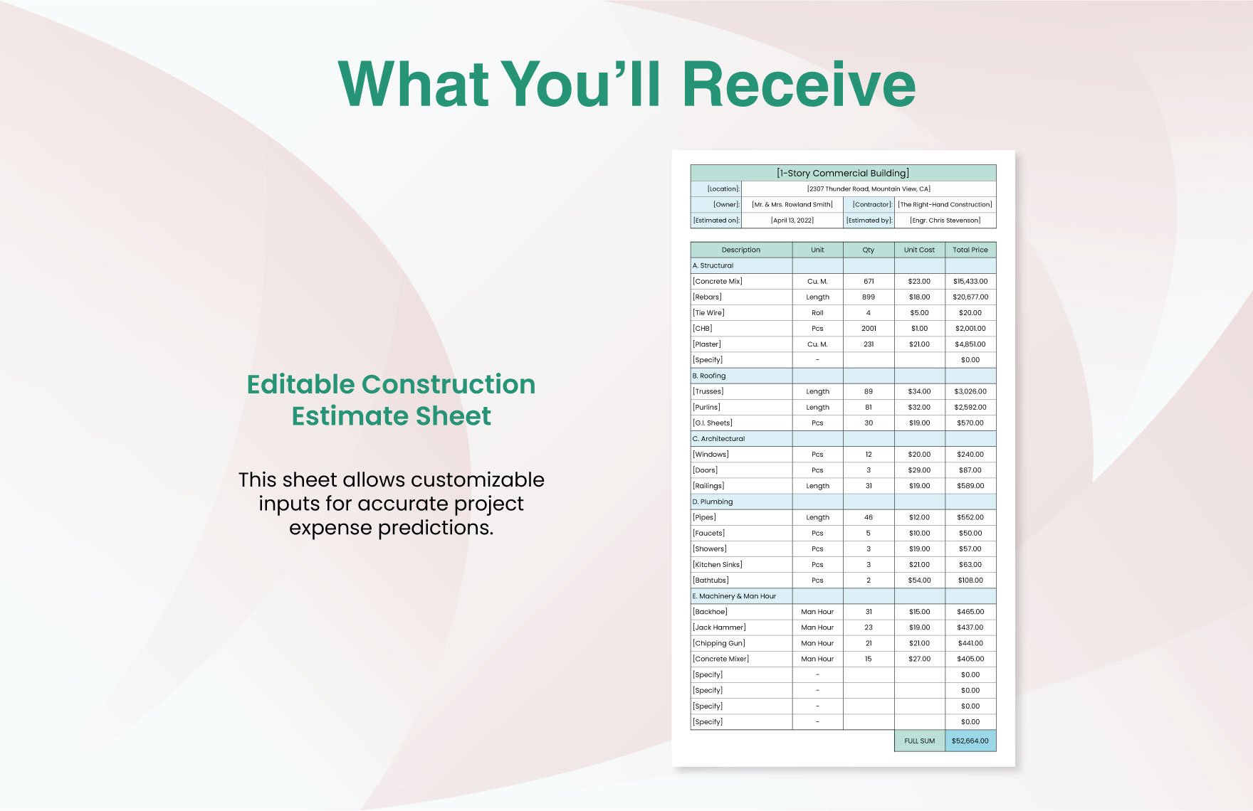Editable Construction Cost Estimate Template