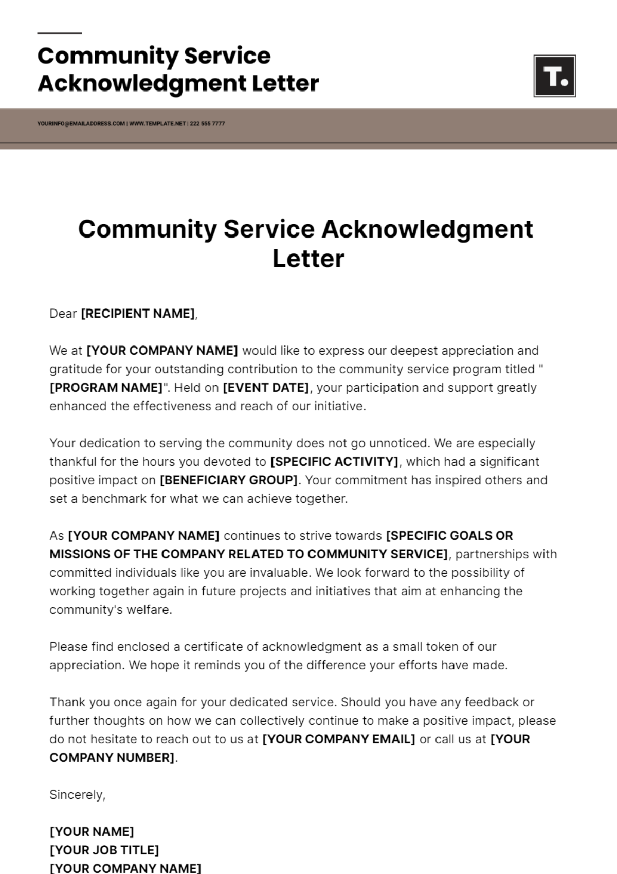 Community Service Acknowledgment Letter Template