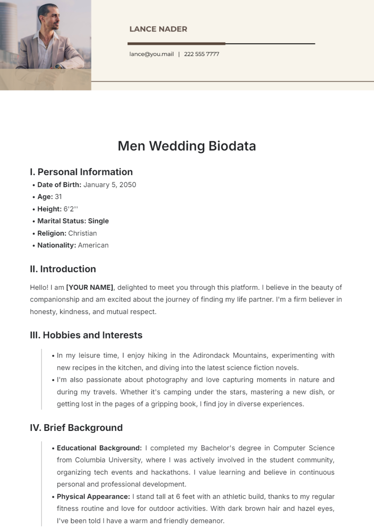 Men Wedding Biodata Template - Edit Online & Download