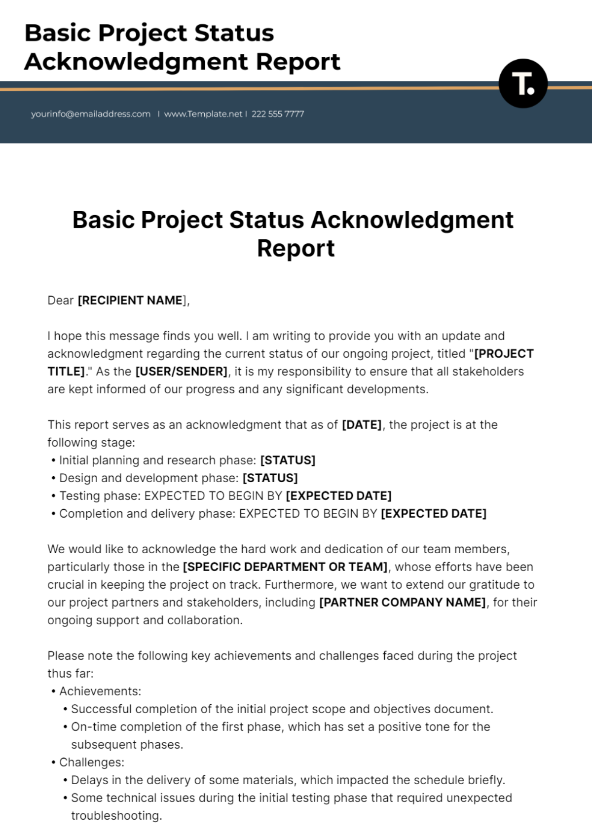 Basic Project Status Acknowledgment Report Template