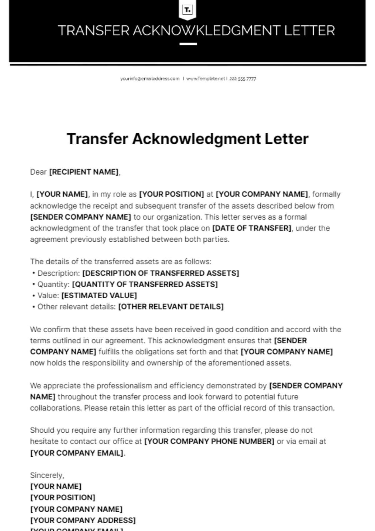 Transfer Acknowledgment Letter Template