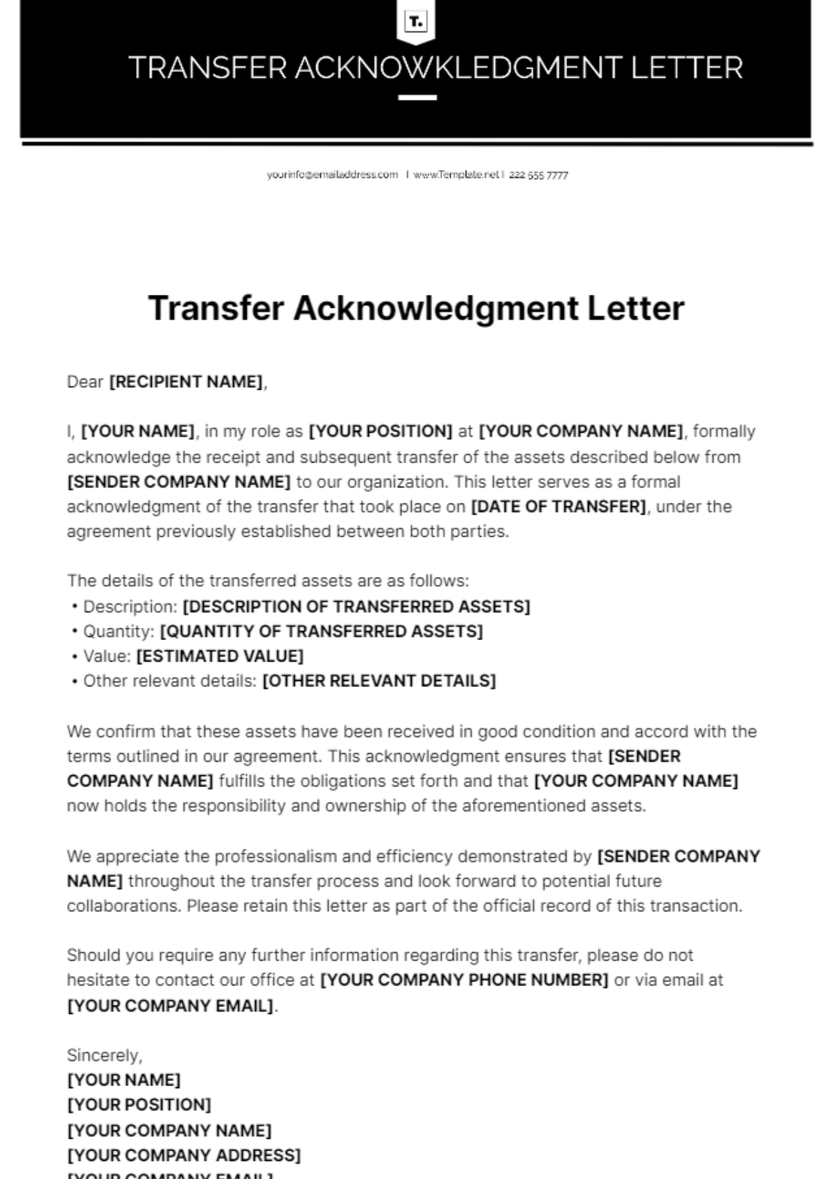 Transfer Acknowledgment Letter Template - Edit Online & Download