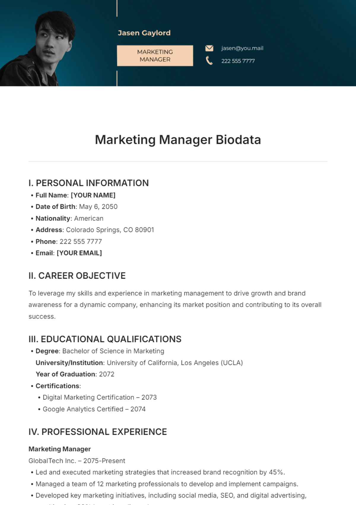 Marketing Manager Biodata Template