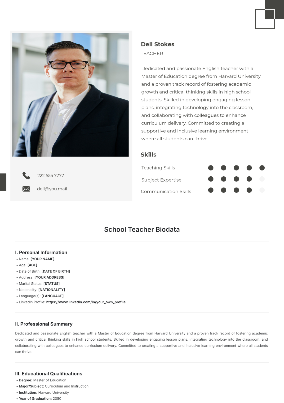 School Teacher Biodata Template - Edit Online & Download