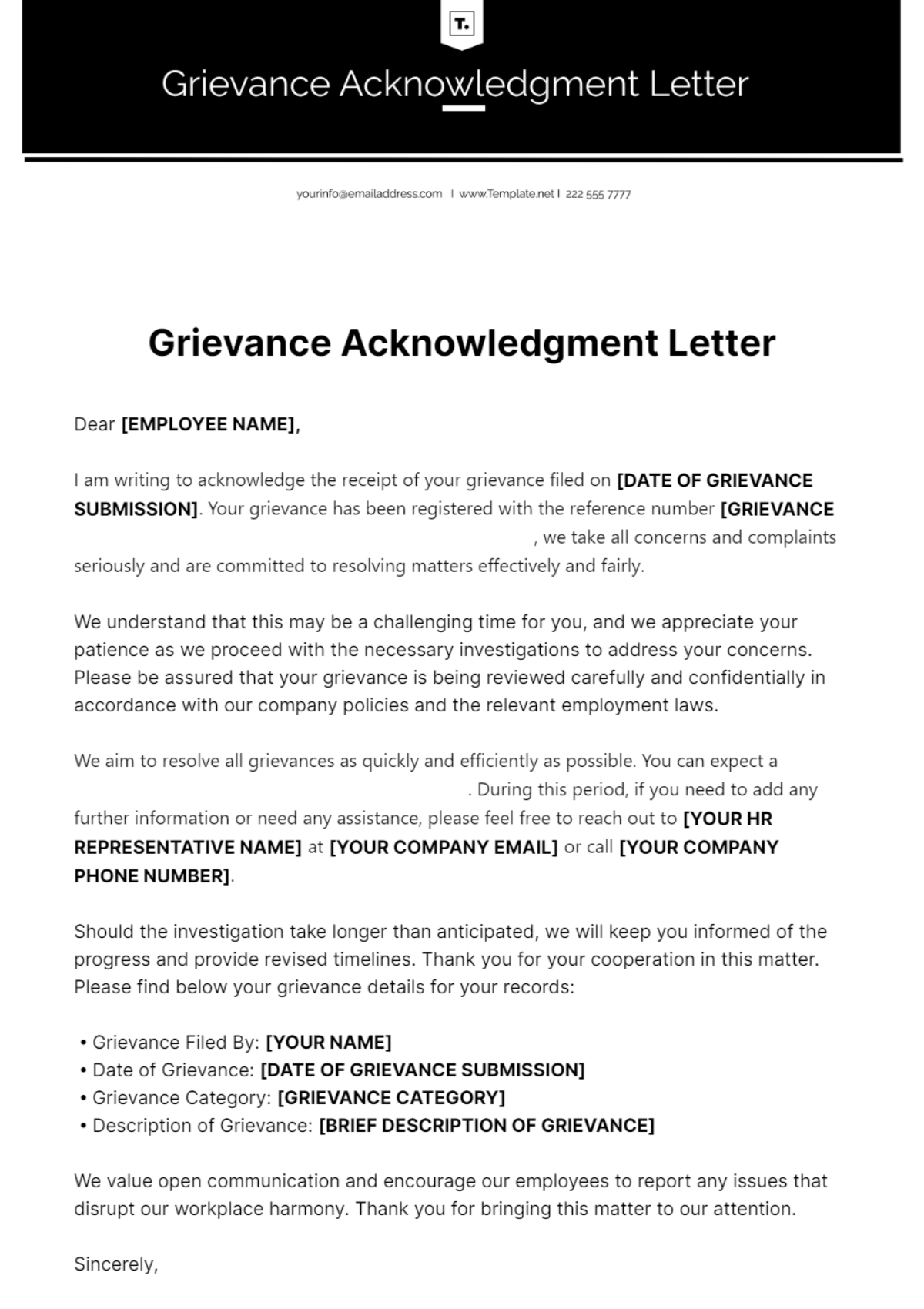 Grievance Acknowledgment Letter Template
