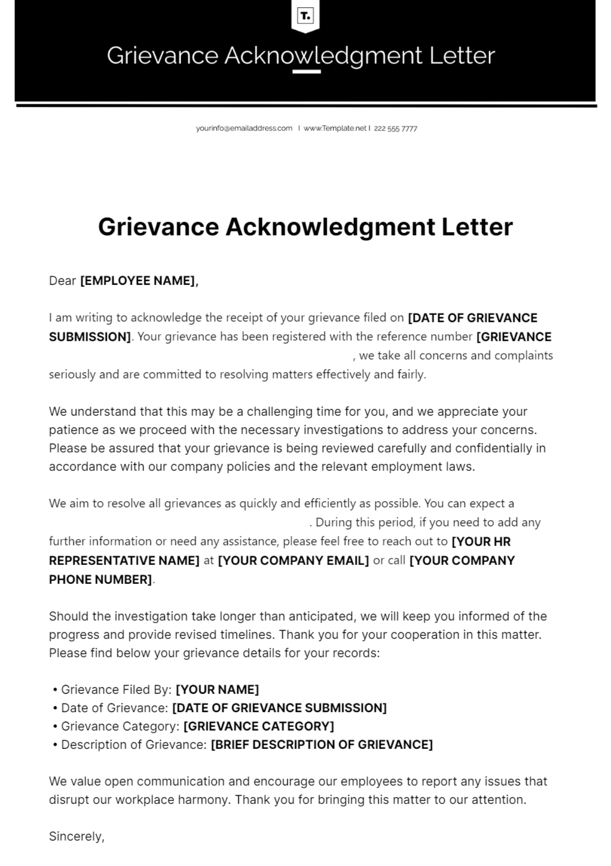 Grievance Acknowledgment Letter Template - Edit Online & Download